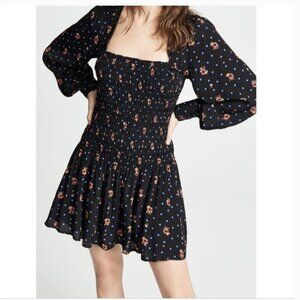 NWT Free People Smocked Floral Celestial Star Black LongSleeve Skater Mini Dress